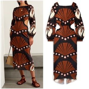 Johanna Ortiz CONFIANZA COLECTIVA CUTOUT PRINTED LINEN MIDI DRESS BROWN 10 PALM